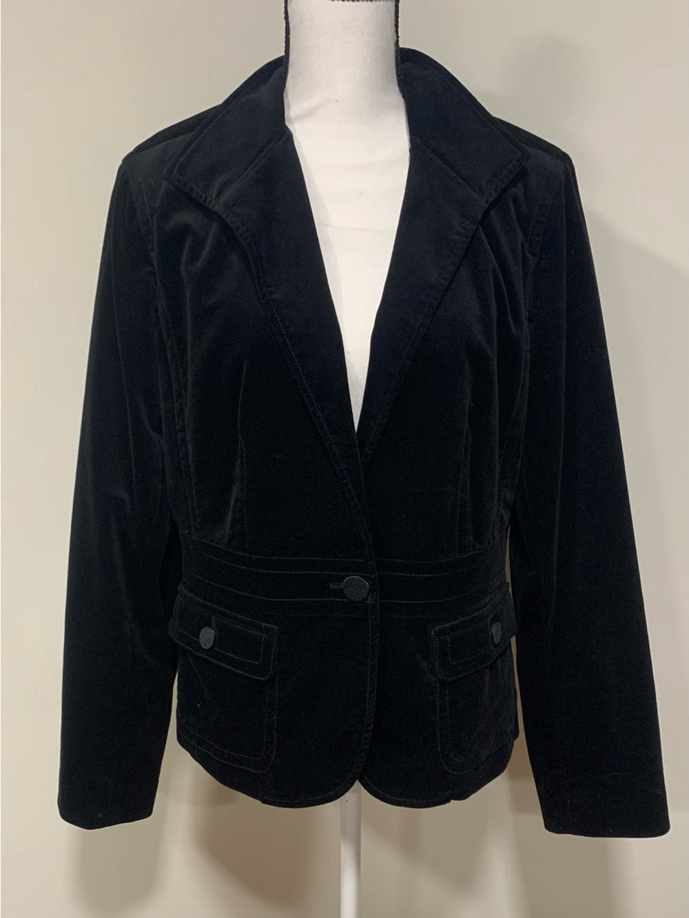 Talbots Velvet Suit Jacket Blazer Womens 14 Waist Detail Pockets Black Lined